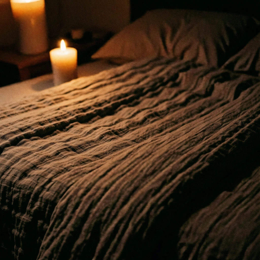 Textúra ľanovej posteľnej bielizne pod tlmeným svetlom