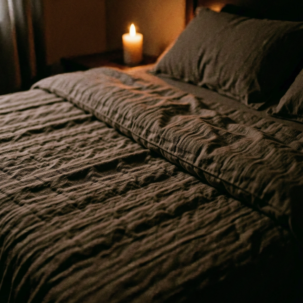 Textúra ľanovej posteľnej bielizne pod hrejivým svetlom